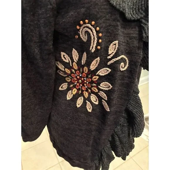 Mandal Bay Women's Standard XL Floral Embroidered Ruffle Cardigan Sweater - Picture 2 of 7